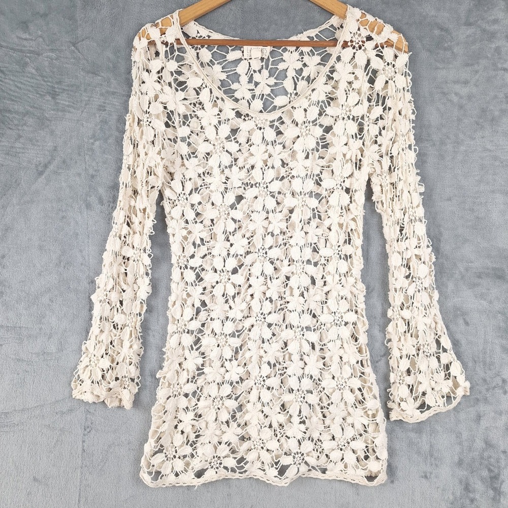 Womens Top Medium Boho Festival Sheer Crochet Fairy Open Knit Beach Coastal